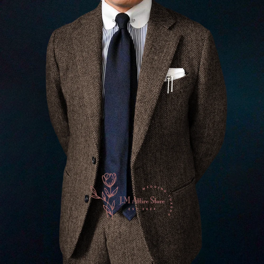 Men's Grey Tweed Vintage Herringbone 2 Piece Suit Jacket Pants Prmium Attire For Wedding Prom Dinner Party Custom Tuxedo
