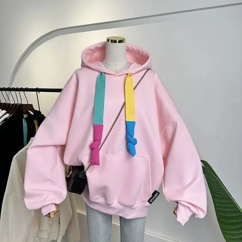 

Korean Women's Spring Autumn New Splicing Pullovers Hooked Fashion Pocket Solid Color Versatile Casual Long Sleeve Hoodies E7534