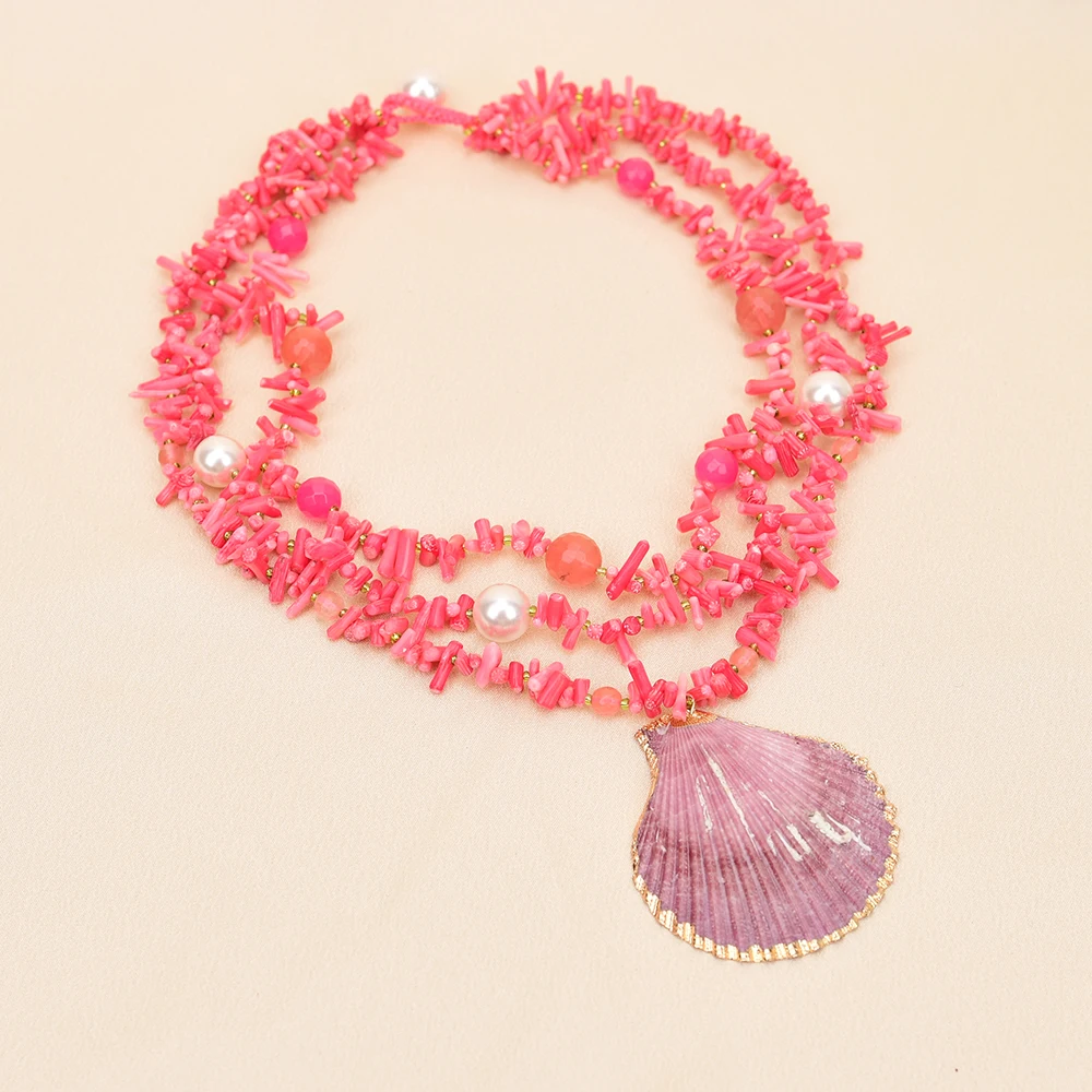 APDGG A98 Handmade 3 Rows Natural Mix Stone Coral Jade Shell Pendant Multi Strands Necklace