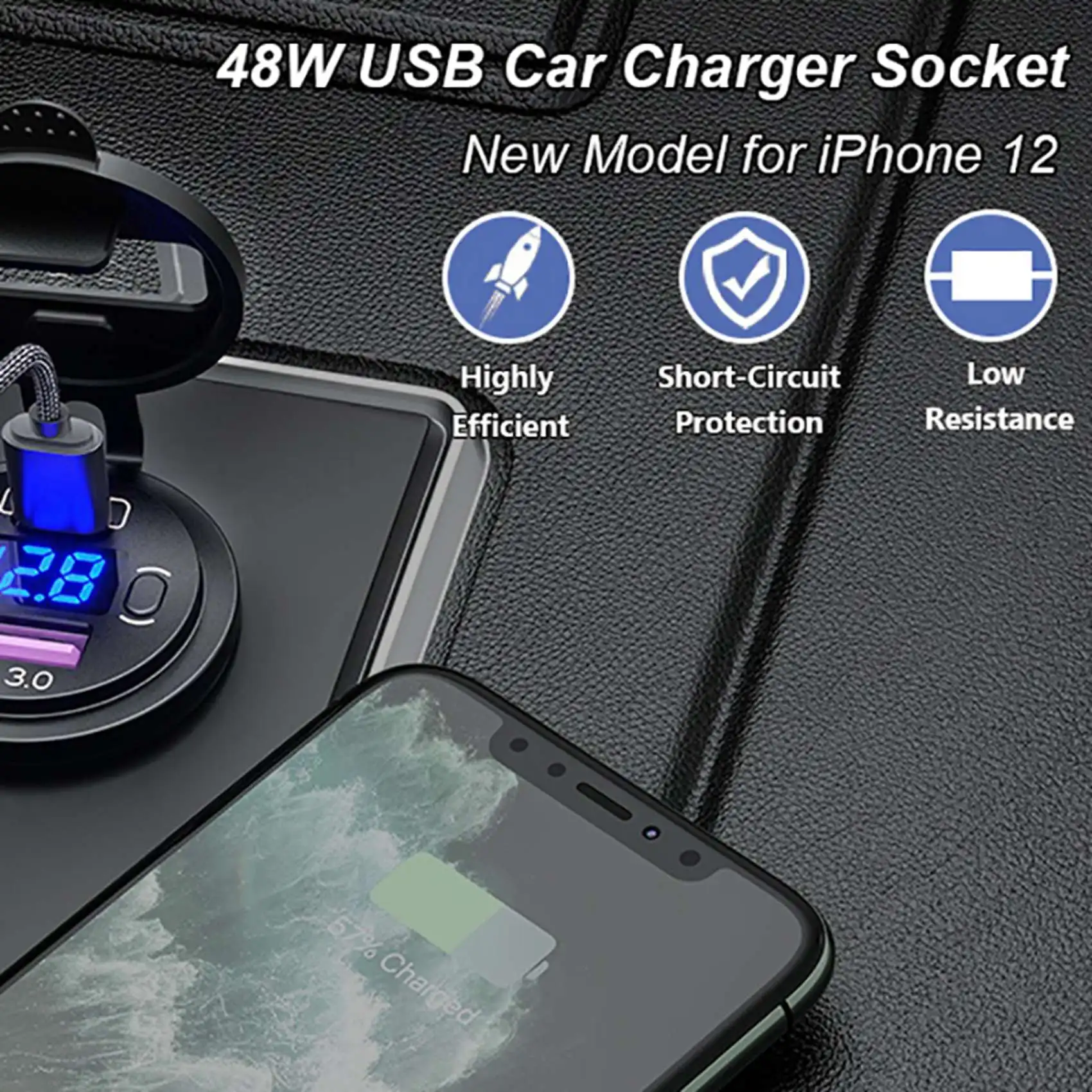Simple 2X PD Type C 48W Dual USB Car Socket, QC 3.0 Car Fast With Voltmeter And Switch For Boat Truck RV,Red