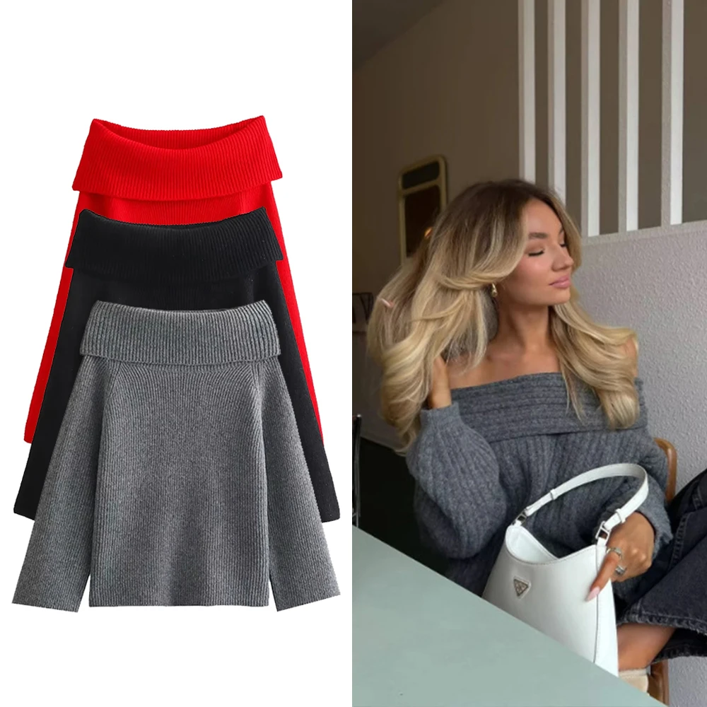 

Молодежная мода для женщин: Элегантный платьевый свитер с открытым плечом, универсальный однотонный свитер, идеально подходящий для осеннего уличного стиля, стройный длинный свитер.