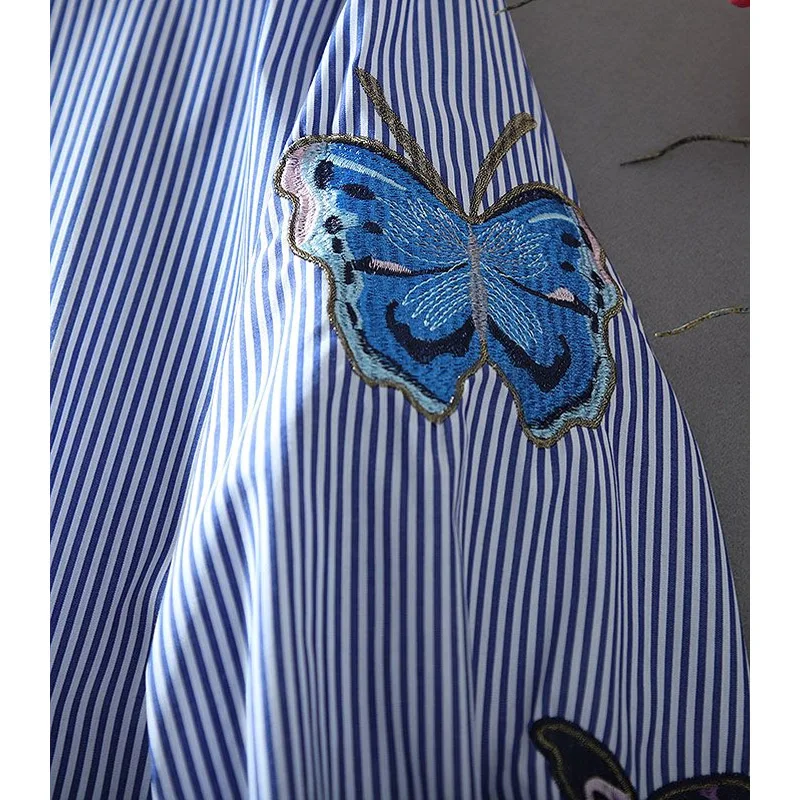 2023 Spring and Summer Literature Fresh Butterfly Embroidery Simple Polo Neck Casual Loose Lantern Long Sleeve Versatile Shirt