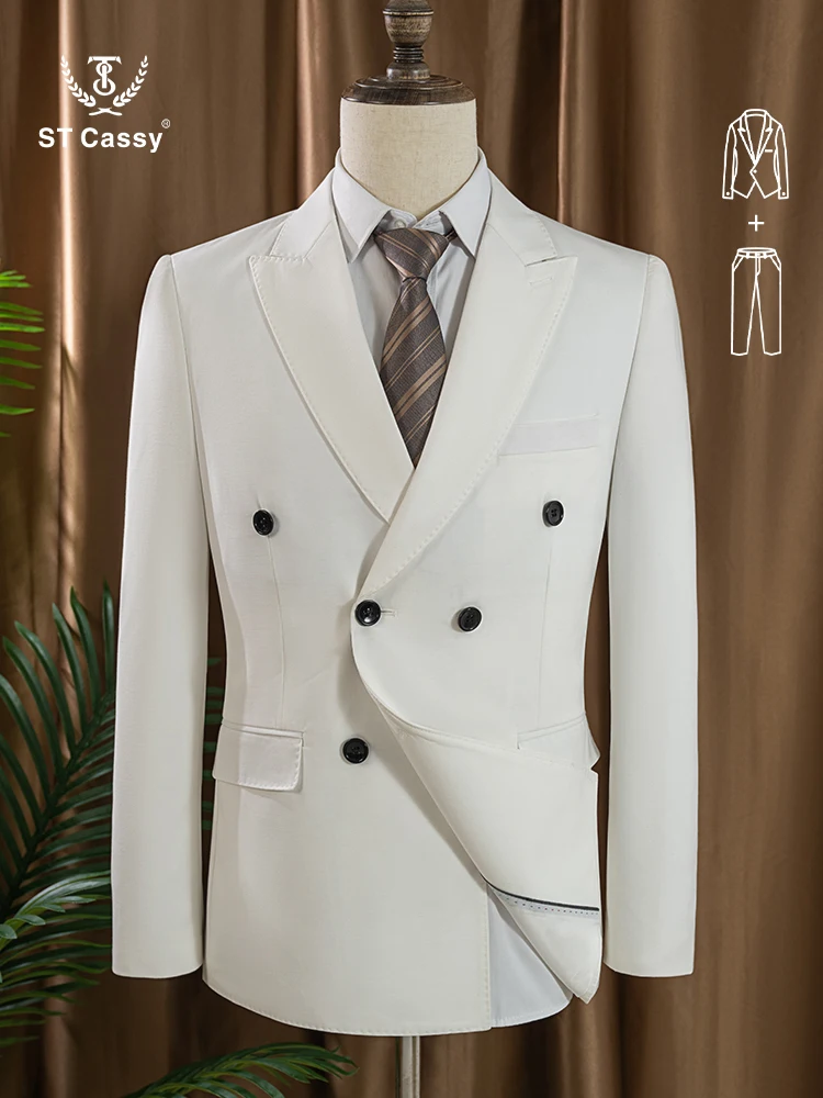 

ST cassy Elegant White Double Breasted Suit Set 2 Piece Business Wedding Outfit Classic Stylish Blazer Pants Modern Trendy