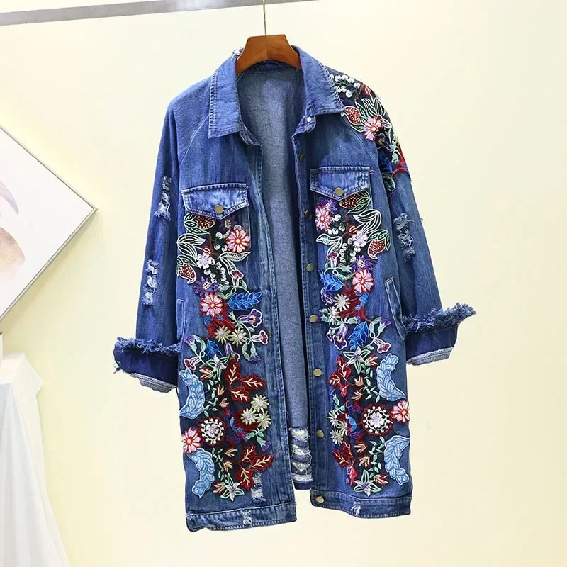 Spring Autumn Loose Vintage Flower Embroidered Denim Jacket Women Single-breasted Casual Raw Fringe Hole Jeans Jackets Female