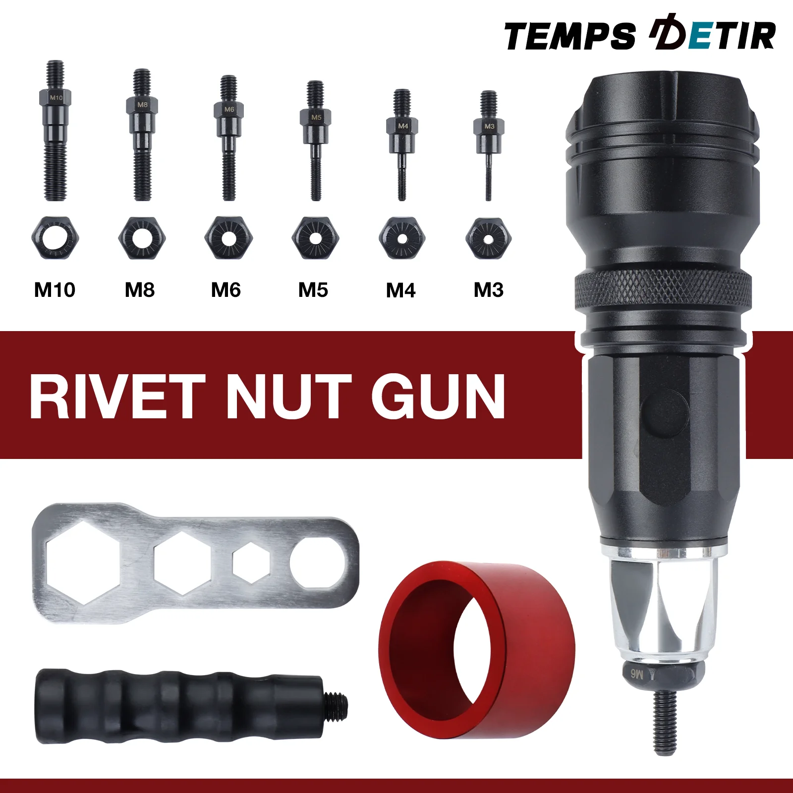 Labor-Saving Electric Rivet Nut Tool Plug-in Nut Quick Riveting Compatible with Cordless Drill for DIY Household with 6 Mandrels