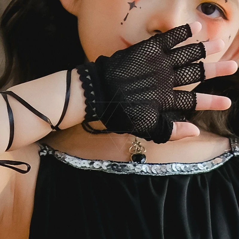 Filet de pêche creux à lacets foncé, gants demi-doigt, sous-culture d'halloween, Style Punk, Style dentelle épicée pour fille