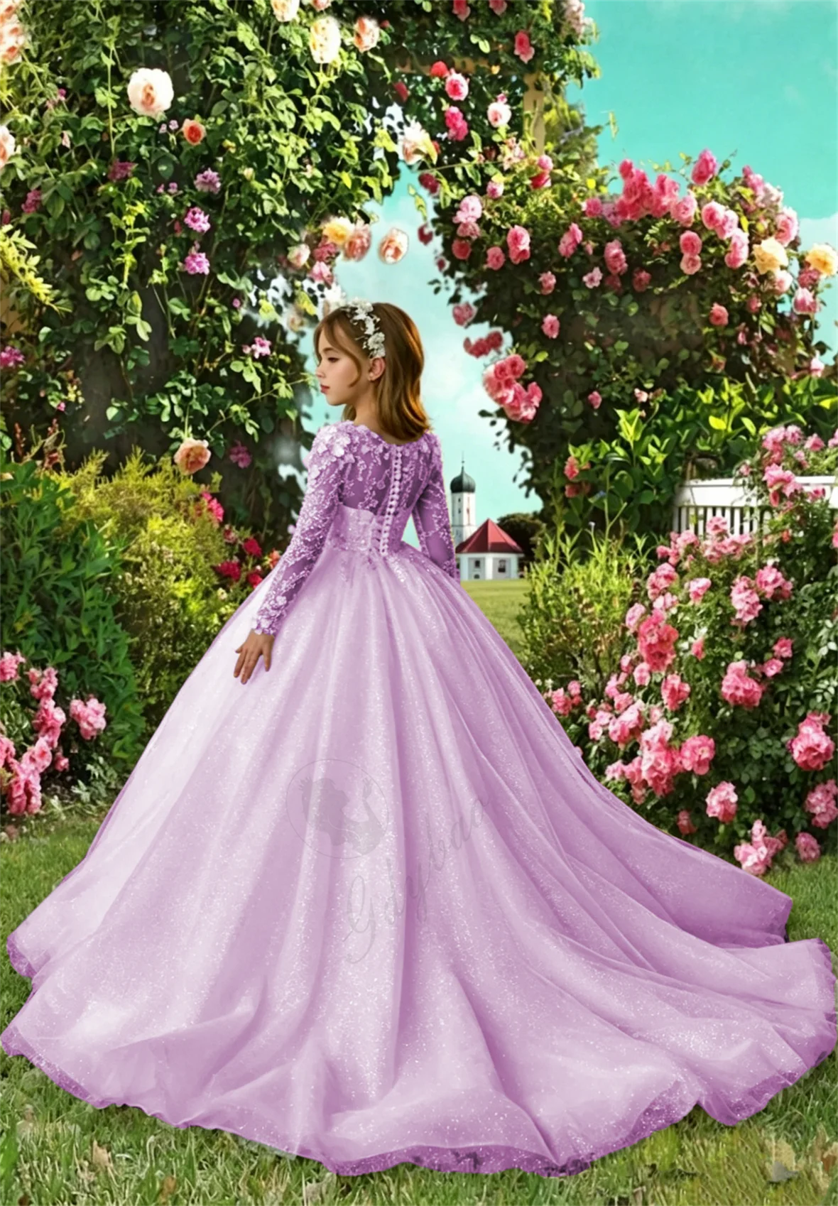 Luxury Custom Kids Dresses with 3D Decal Performance Wear Classic O-neck Full Sleeve Princess Wedding Bridesmaid Gown for Girls