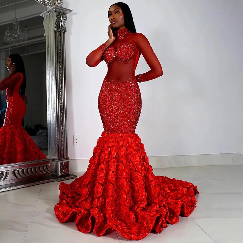 زي أحمر لامع وردة ماسية تنورة سليم صالح مثير حورية البحر خط كم طويل شفاف فستان سهرة Vestidos De Fiesta De Lujo