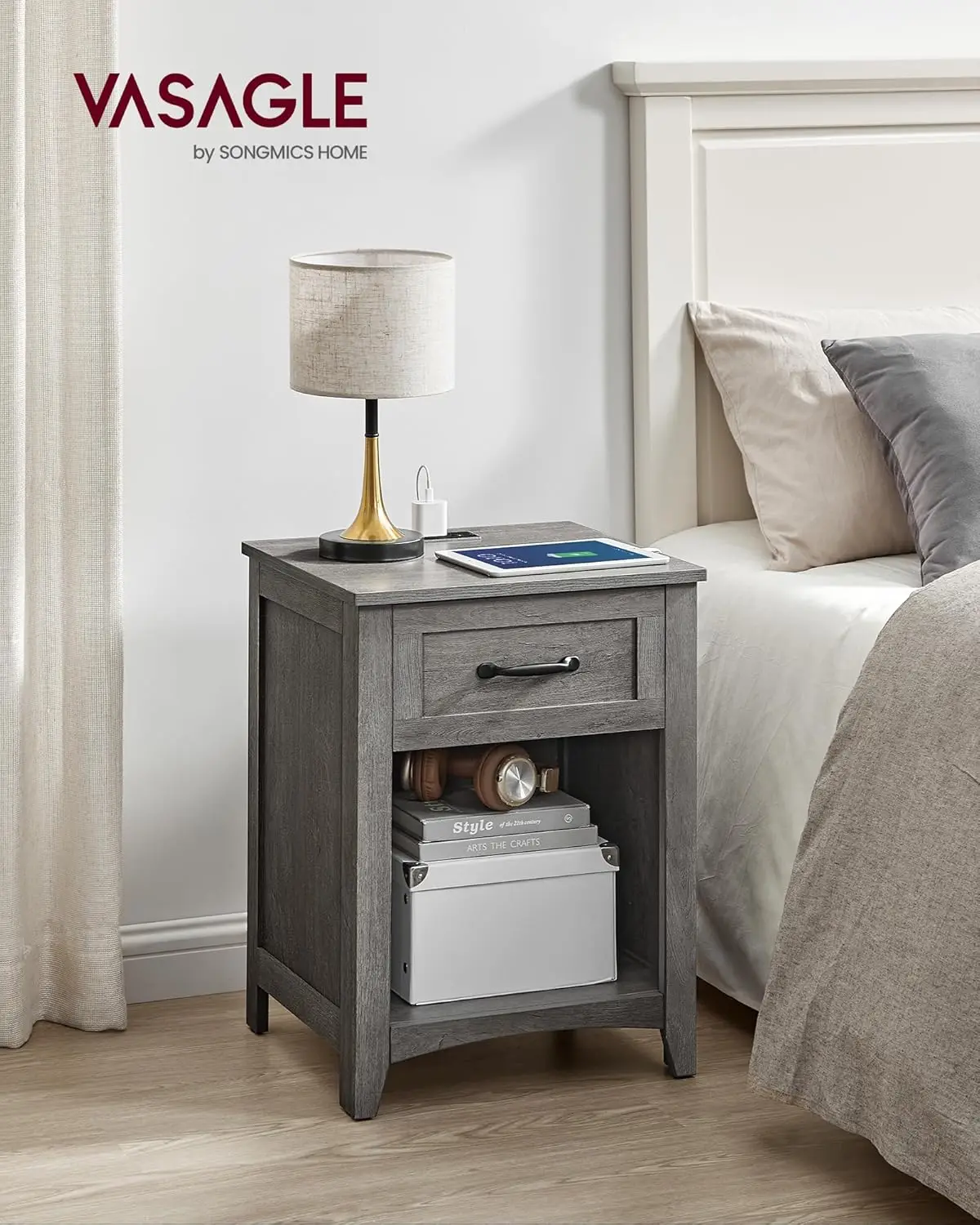 

VASAGLE Farmhouse Nightstand with Charging Station, Bedside Table with Drawer, Open Compartment, Side Table with Storage