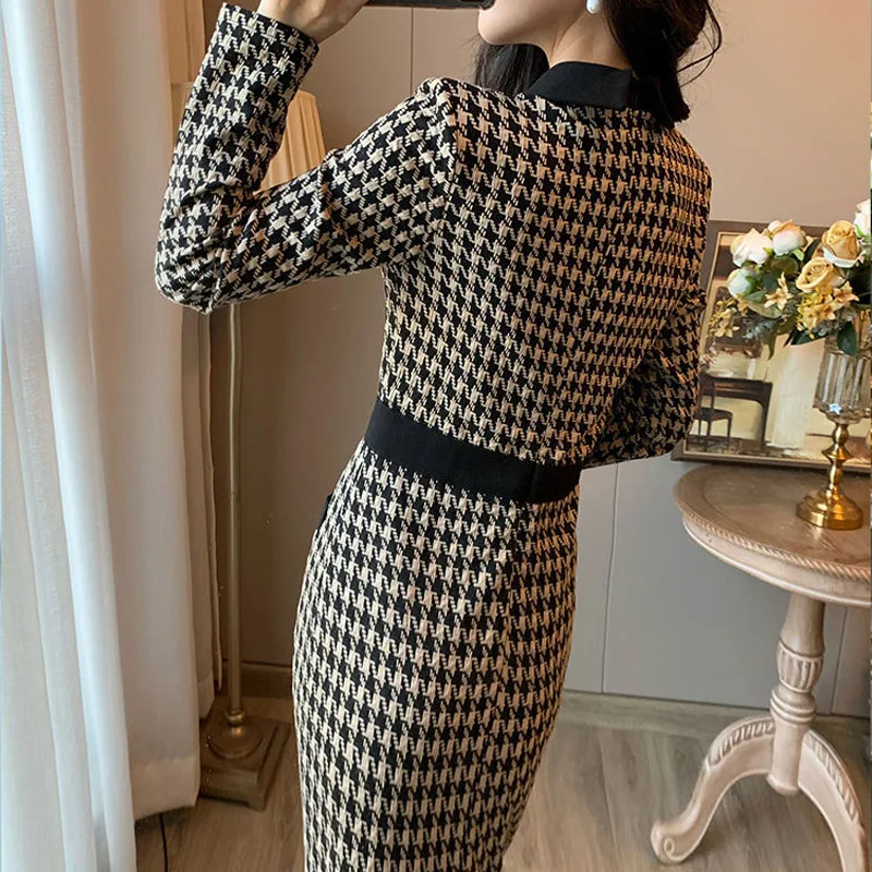 Spring Autumn New Slim Knitting Midi Dress Women High Street Long Sleeve Button Dresses Elegant Plaid Printing Chic Vestidos