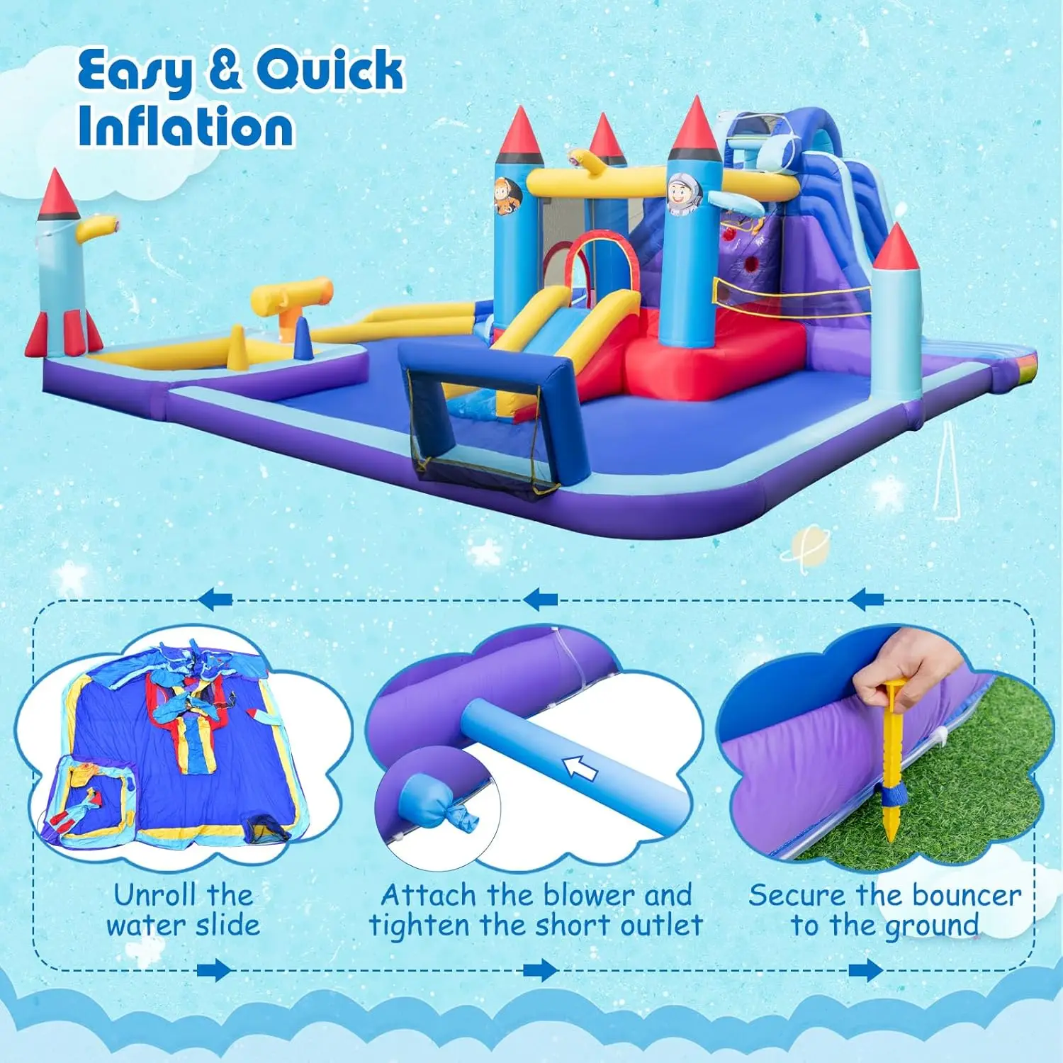 Nadmuchiwana zjeżdżalnia wodna, gigantyczny Park zjeżdżalni z Bounce House z podwójnymi zjeżdżalniami, basenem pluskowym, bramką do siatkówki i piłki nożnej, wysadzoną wodą