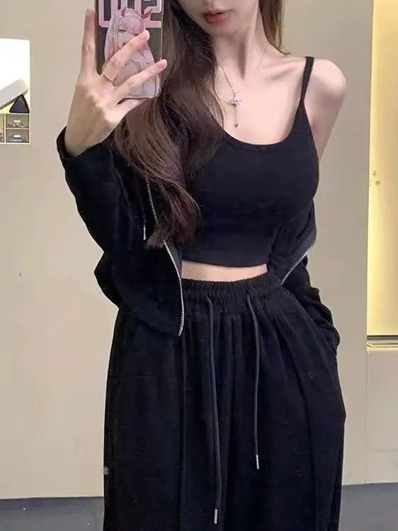 

Модный повседневный спортивный комплект для женщин на весну-осень 2025: худи и брюки с эффектом похудения, длинный рукав, круглый вырез, застежка-молния