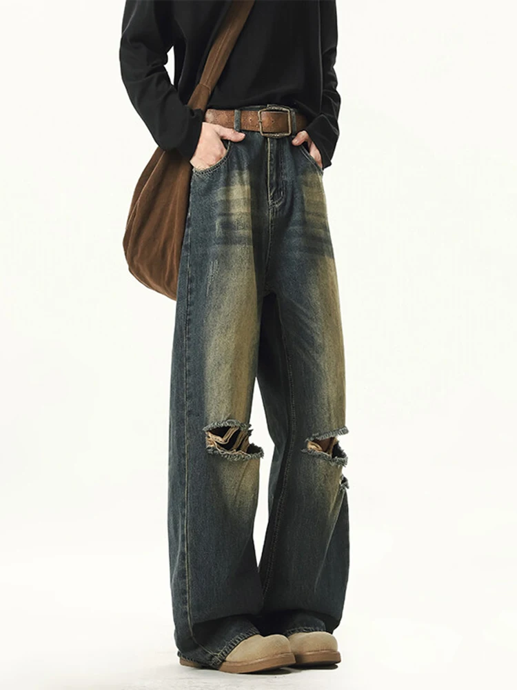 بنطلون جينز فضفاض ممزق واسع الساق من American Sle للرجال بتصميم عصري كاجوال مستقيم من قماش الدنيم الأزرق #2