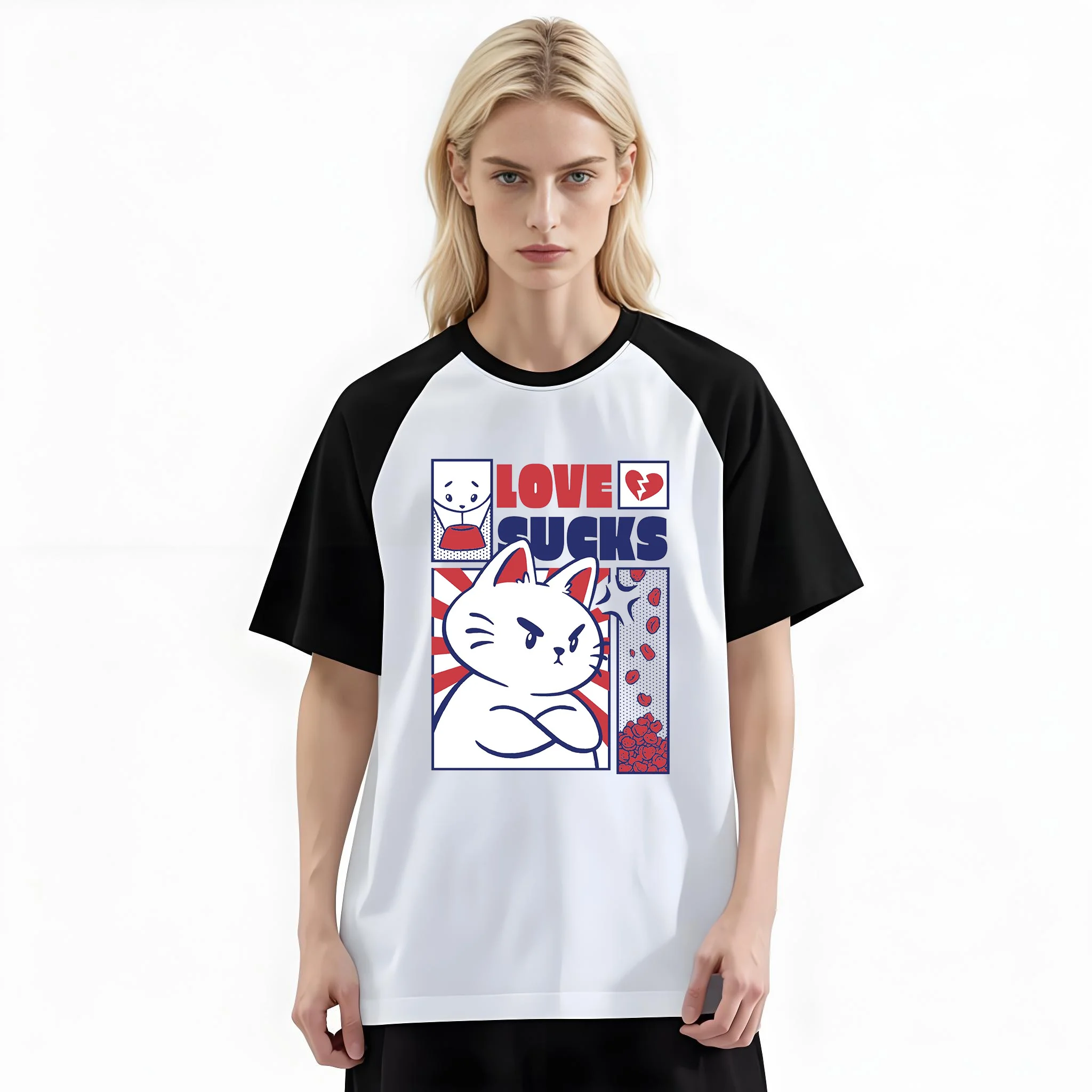 Women'S Fashion Raglan Sleeve T-Shirt, Love Sucks Angry Broken Heart Grumpy Cat Printed, Summer Casual Comfortable Tee, Women'S Everyday Short-Sleeve Top