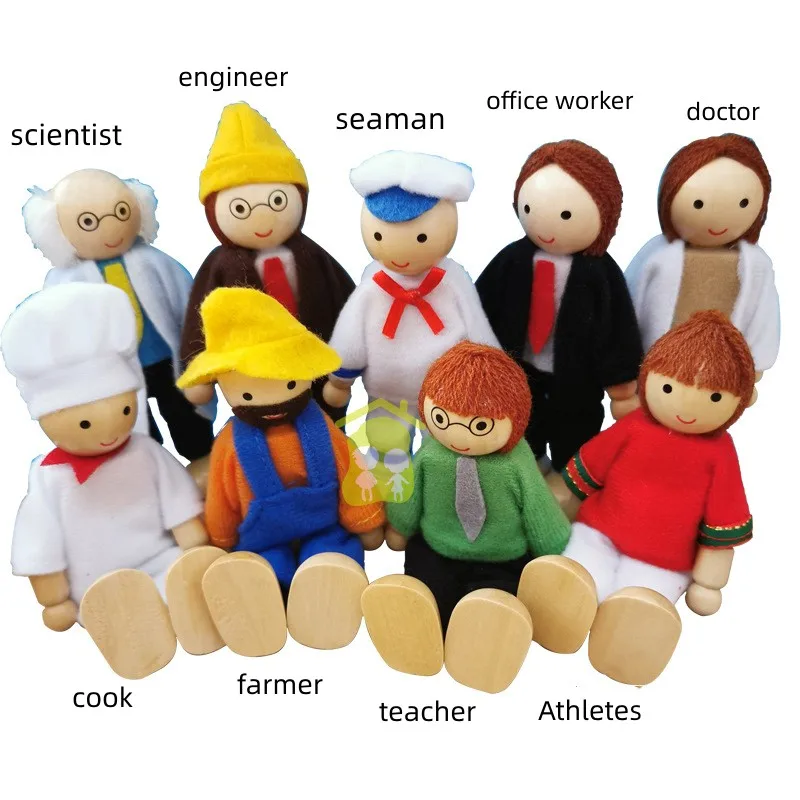 New Family Dolls Set Profession Wooden Doll Miniature Toy Mini Firefighter Cook Teacher Wood Doll Kids Children House Play Toys