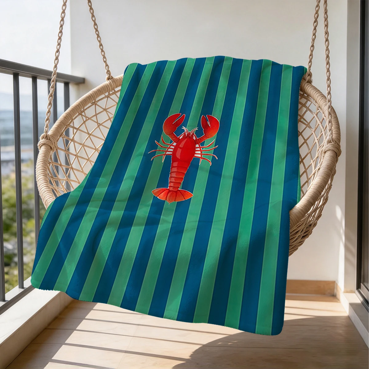 Teal Stripes Red Lobster Flannel Blanket Warm Soft Halloween Christmas Couch Warm Cozy Decorative Decor Gift for All Season