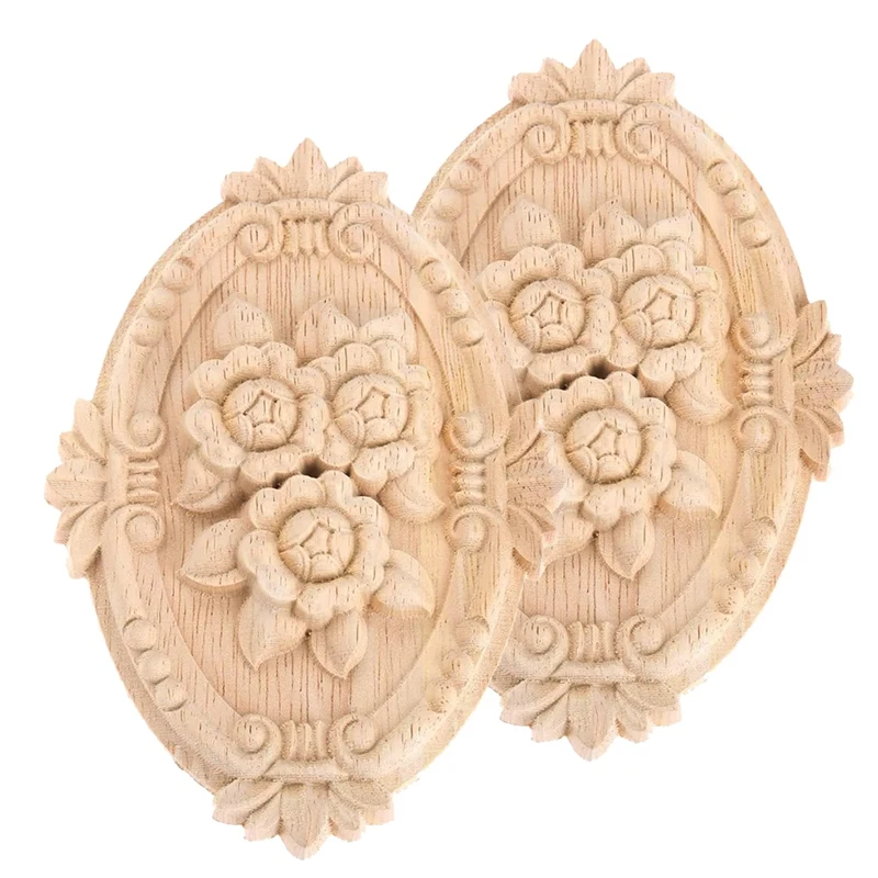 2Pcs Wood Carved Applique Frame Onlay Unpainted Furniture Decoration Unpainted Oval Patterns 21X15cm