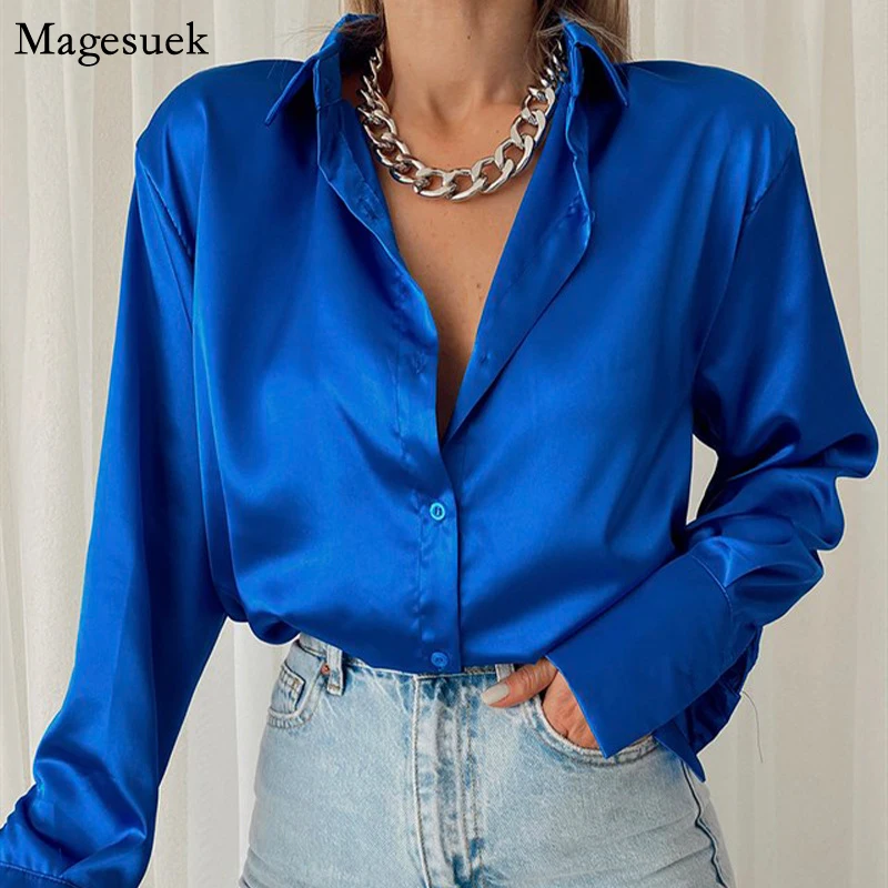 Elegant Satin Long Sleeve Blouses Women 2023 Vintage Blue Green Silk Shirt Women Casual Loose Button Up Female Shirts Tops 18913