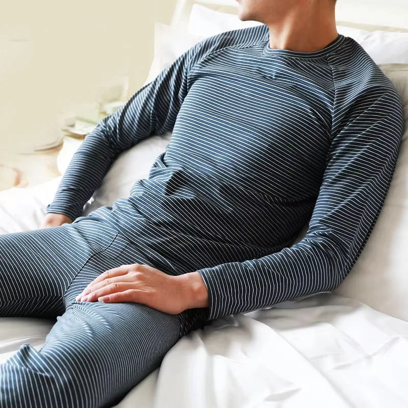 

Winter men's warm underwear set, autumn high-quality round neck pajamas, soft cotton warm striped clothing, pajamas set