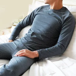 Winter men's warm underwear set, autumn high-quality round neck pajamas, soft cotton warm striped clothing, pajamas set