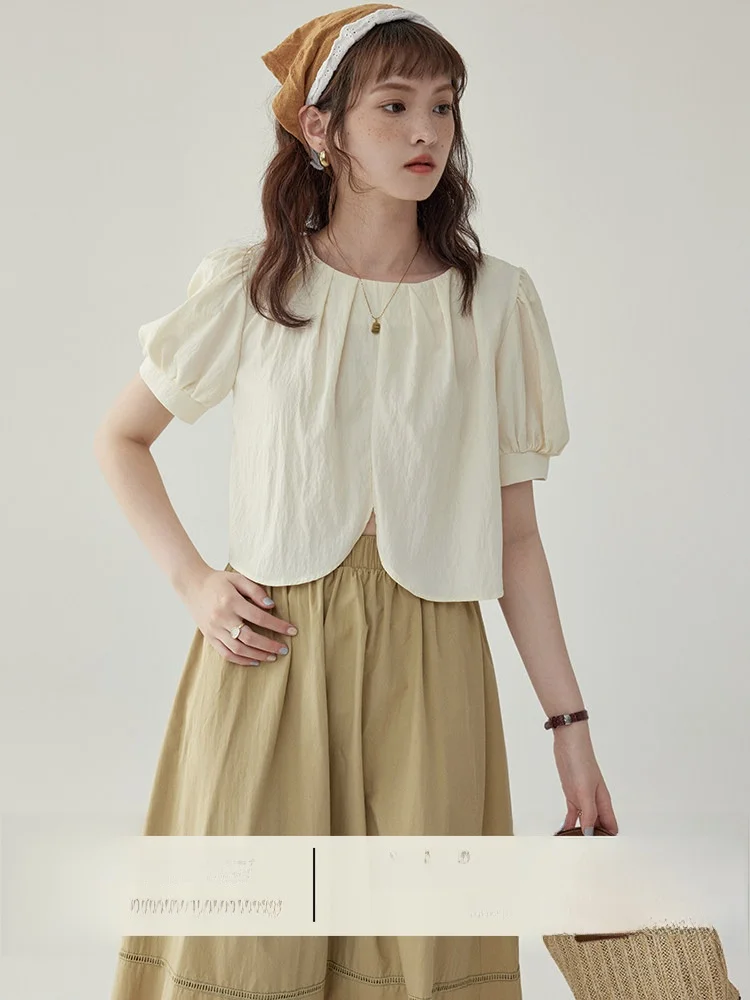 

AMUU North Island Retro Style Women's Shirt Loose Fit Short Sleeve Pleated round Neck Design Sense Tie Dye Summer Shirt