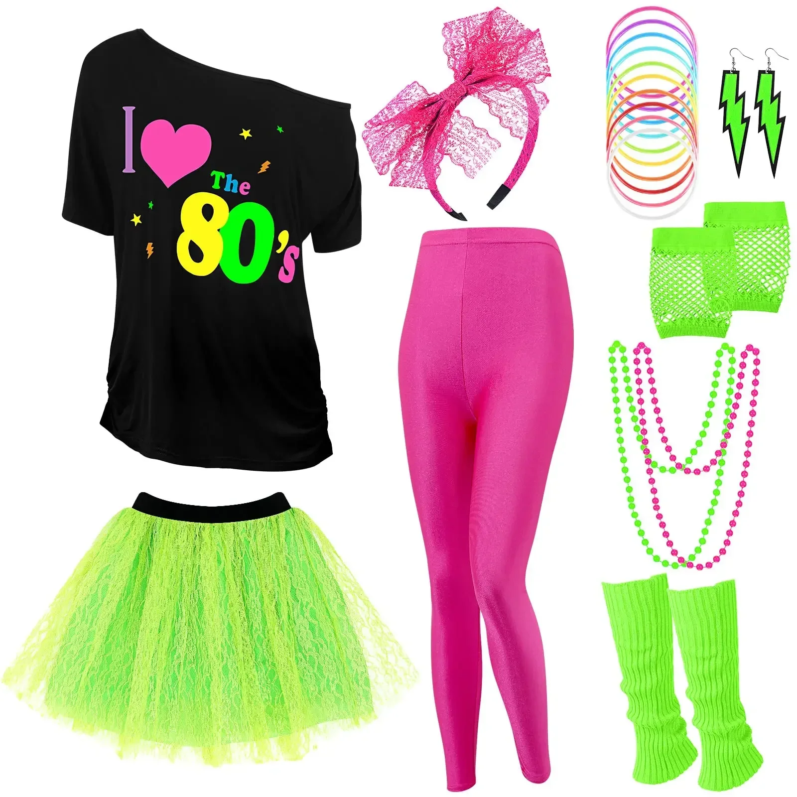 New Women 80s Costume Accessories Set for Halloween Cosplay Retro Party  Costume Bracelets Fishing Nets Gloves Earring Necklace - AliExpress  200000532