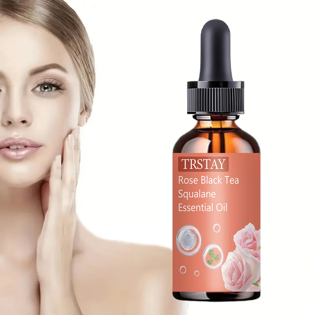 

TRSTAY rose black tea squalene essential oil brightens skin tone, moisturizes, lightens dullness, and tightens skin