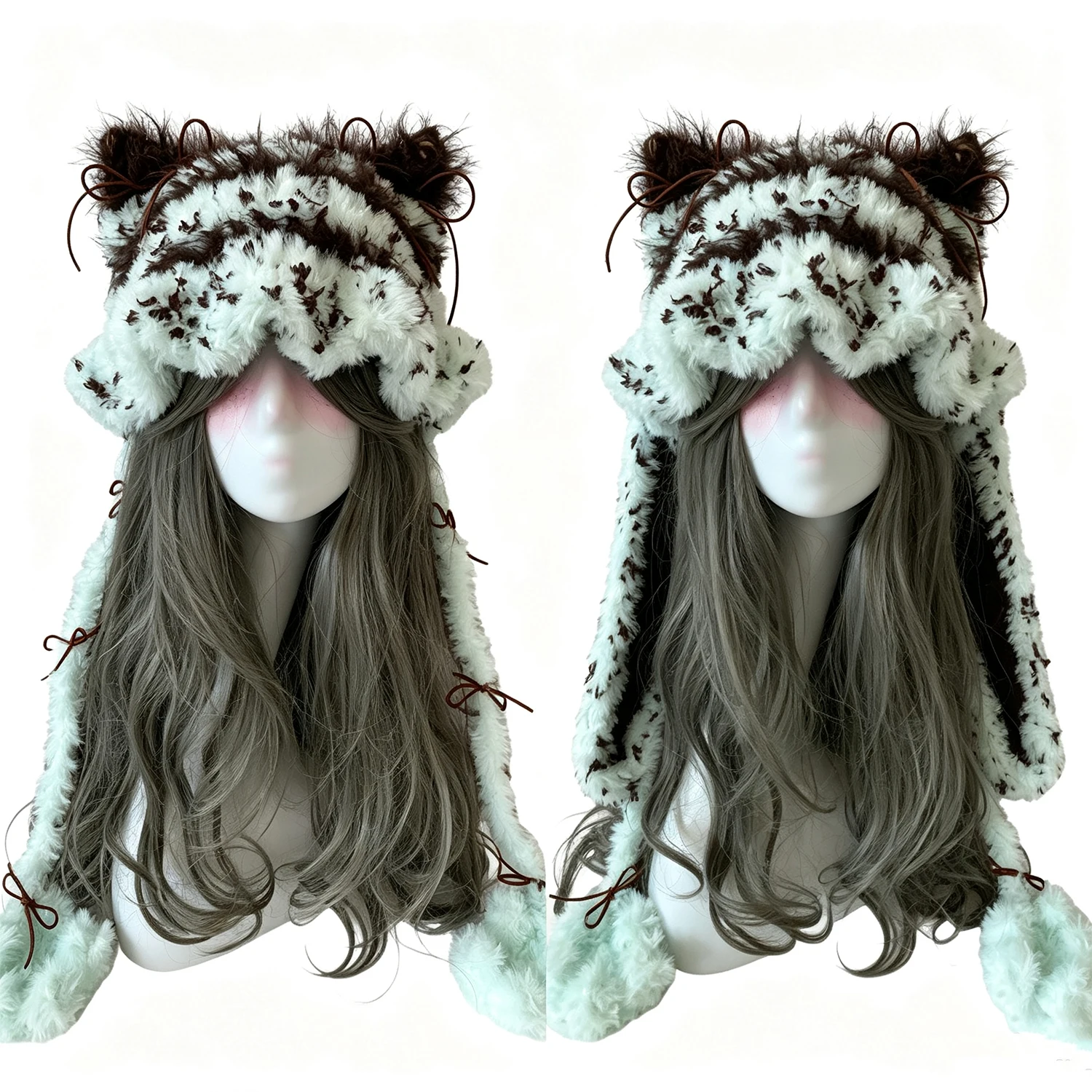 Custom Handmade Crochet Mint Chocolate Bunny Cat Ear Beanie Detachable Plush Animal Ears Kawaii Cosplay Winter Warm Headwear