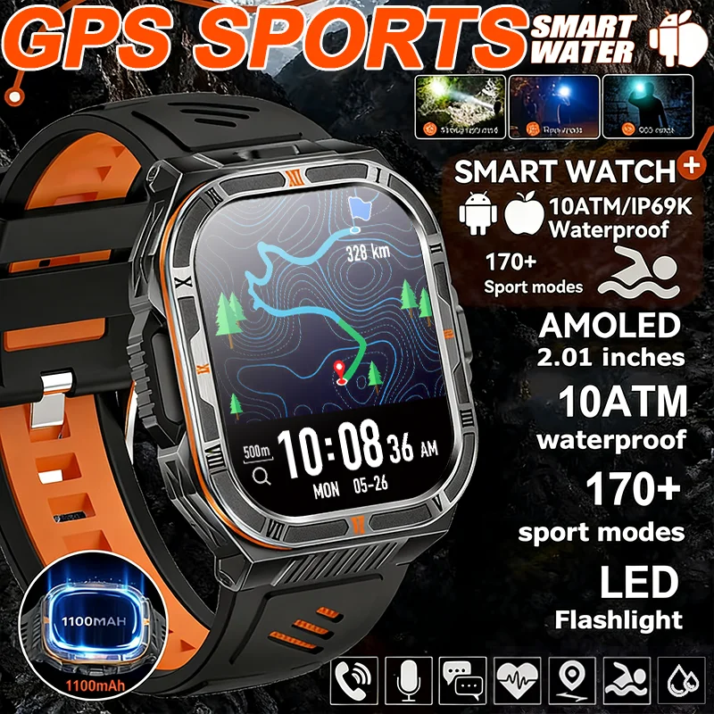 

New 1100mAh Battery Outdoor Ultra Durable Men Smartwatch Flashlight Heart Rate Bluetooth Call 5ATM Waterproof Sports Smartwatch