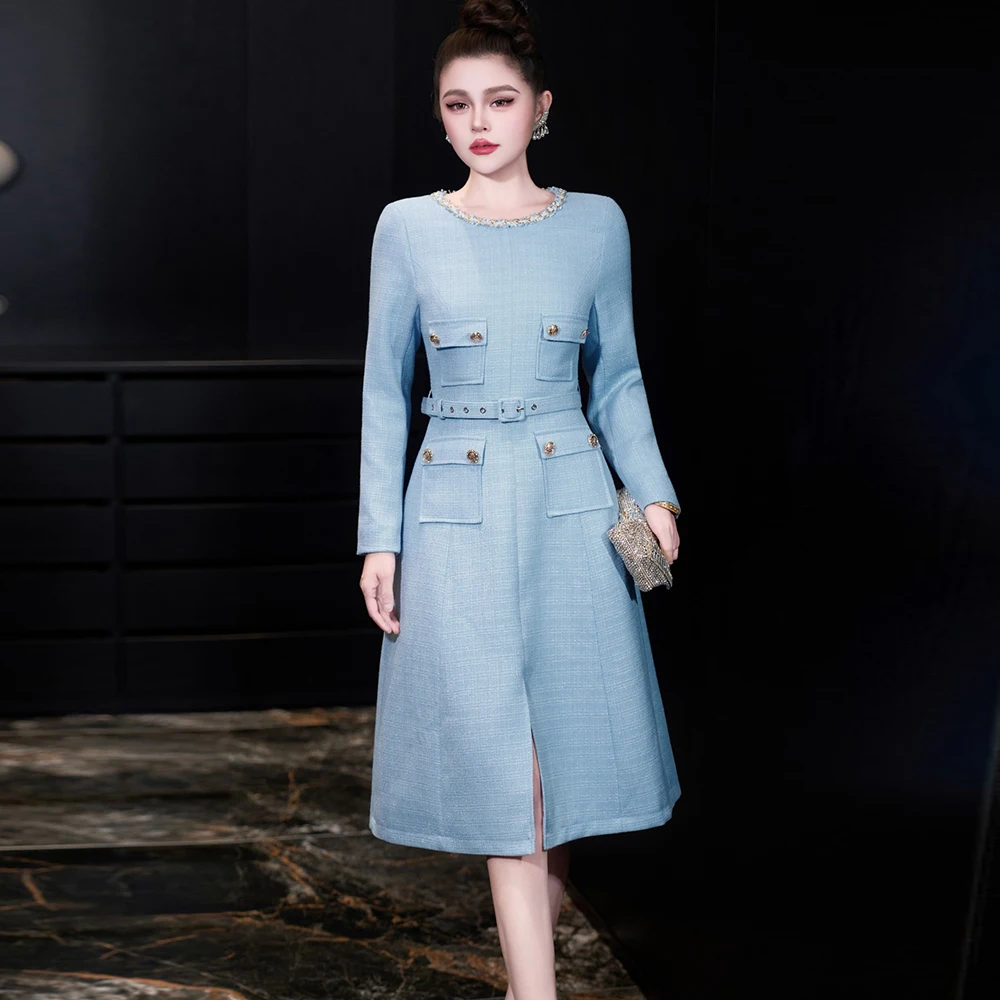 

ZJYT Runway Fashion Women Autumn Dresses Long Sleeve Elegant Designer O Neck Blue Red Party Casual Dress with Belt Female New