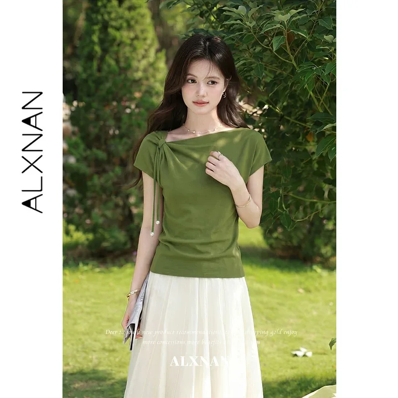 ALXNAN Plus Size Women Green T-shirt Summer New Slim-fit Short Sleeve Top Irregular Asymmetric Neck Elegant Tees Female D662170A