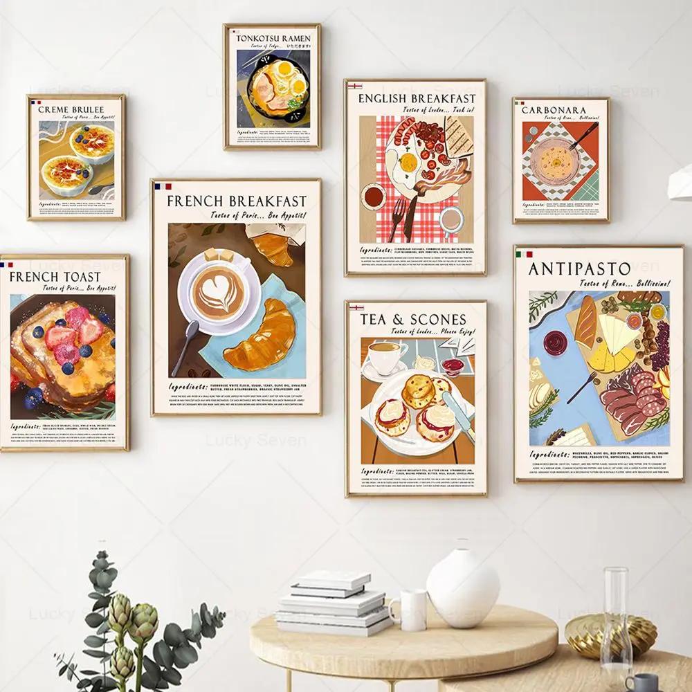 Desayuno Brulee Ramen cuadro sobre lienzo para pared francés inglés Italia Japón alimentos cartel Vintage viajes impresiones cocina habitación De