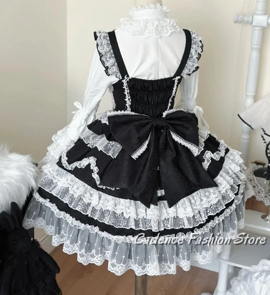 تخصيص أبيض وأسود لوليتا مساء اللباس الرقبة العالية متوهج كم الروكوكو نمط الدانتيل كشكش نفخة كعكة تنحنح القوس التفاصيل