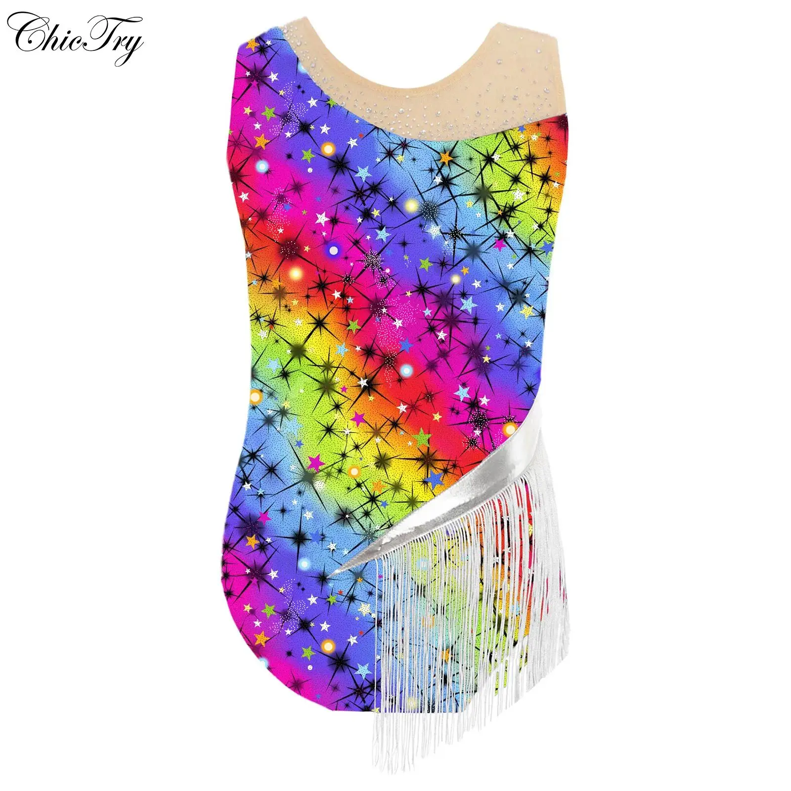 

Детский цельный купальник для балета и танцев для девочек, блестящая бахрома с бриллиантами, гимнастическое боди, спортивный комбинезон на бретелях, комбинезон