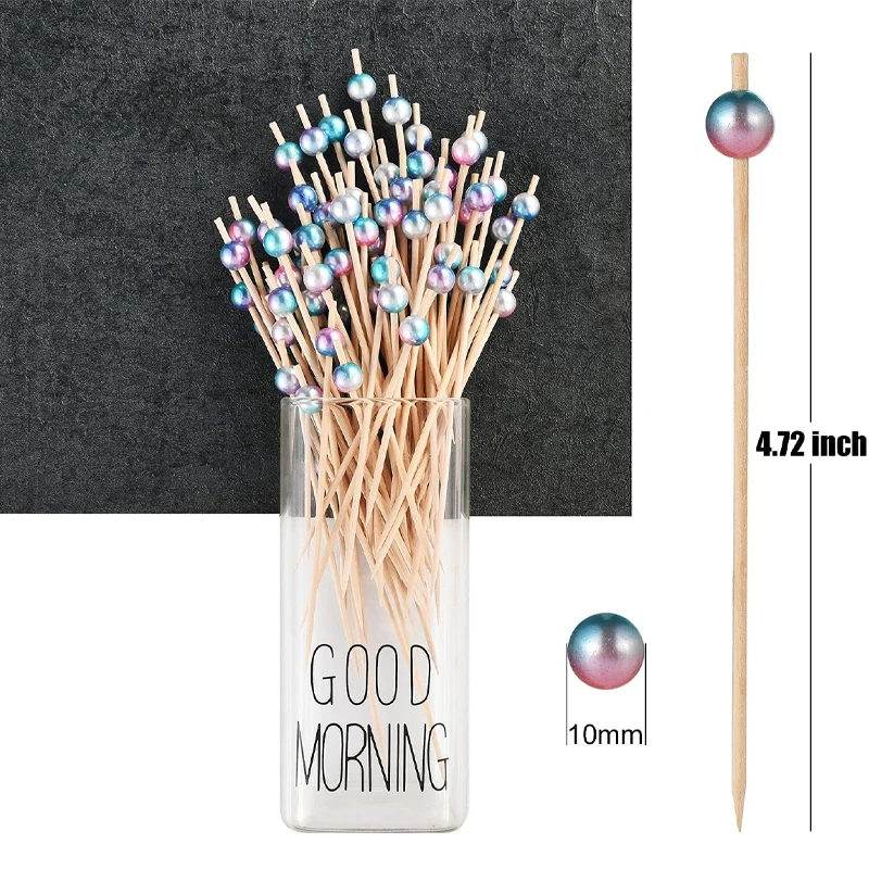 100Pcs Cocktail Picks for Appetizers, Rainbow Pearl Wooden Toothpicks Skewers Sticks for Food, Drinks, Fruits, Party Supplies