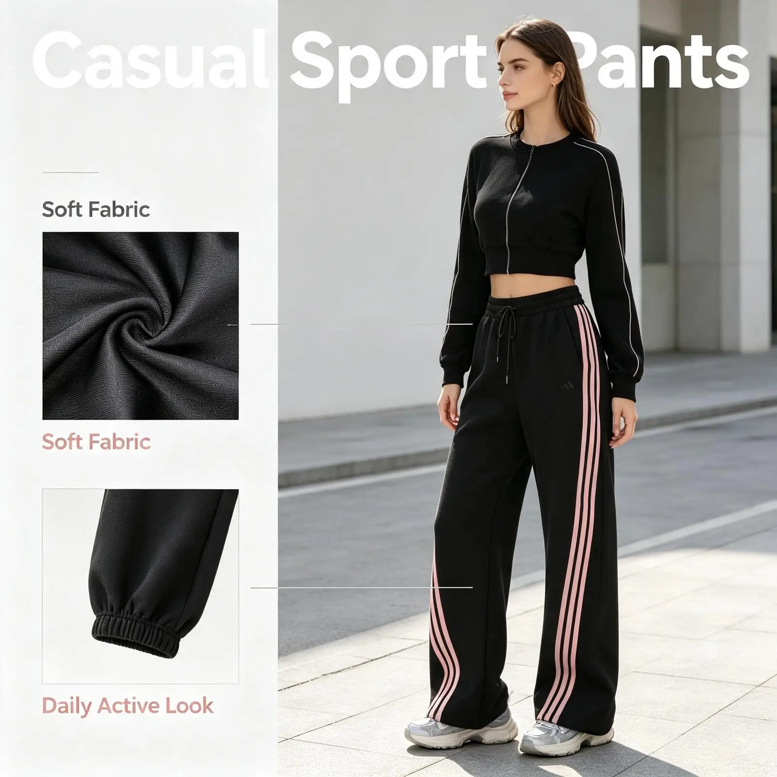 Adidas Black Track Pants Women Side Stripe Soft Fabric Relaxed Straight Fit Casual Active Sport Pants Kx8912