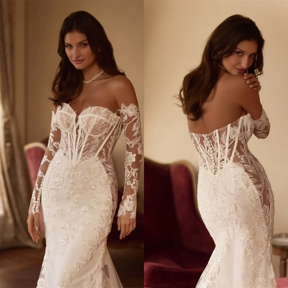 Vestido de novia de Jersey blanco personalizado, alta calidad, sin tirantes, manga desmontable, fiesta nupcial, botones delicados en la espalda, vestidos de novia