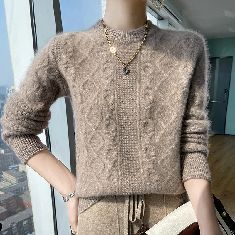 100% Pure Wool 2023 Autumn And Winter New Female O-Neck Loose Long-Sleeved Pullover Twisted Cashmere Sweater Bottoming Sweater