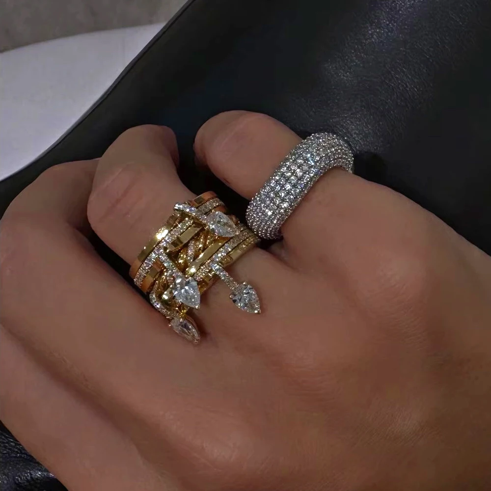 Hohe Qualität Neue Mode Zirkonia Mehrere Schichten Stapelbare Ringe Für Frauen Mädchen Einzigartige Geometrische Design Party Schmuck