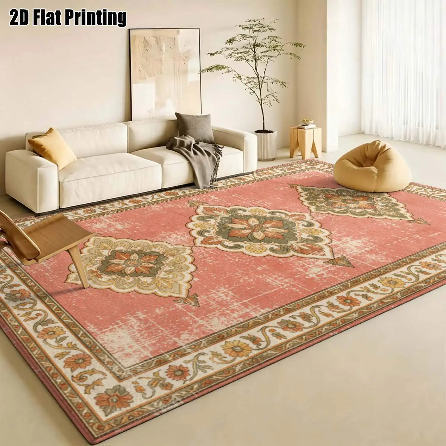 1Pc 2D Printed Vintage Brick Red Retro Carpet: European, Vintage, Bohemian Style, Home Decor, Multi-Size, Machine-Washable, for Entrance, Dining, Foyer, Bedroom, Study, Living Room