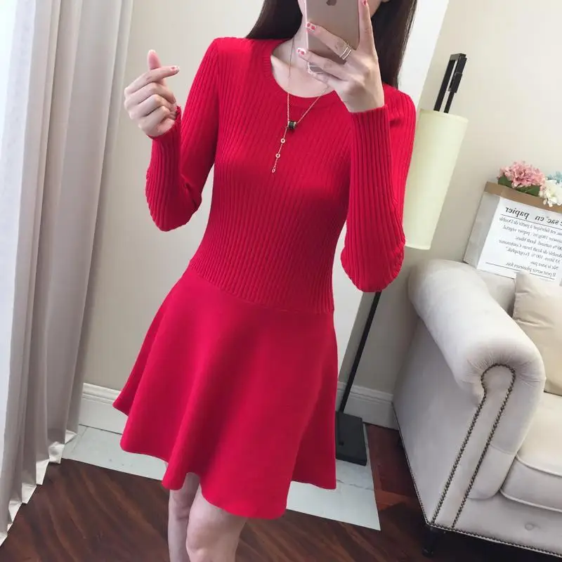 Solid Color Slim O-neck Long Sleeved Empire Dress Autumn Winter Women's Clothing Comfortable Pullover Simple Slender Office Lady