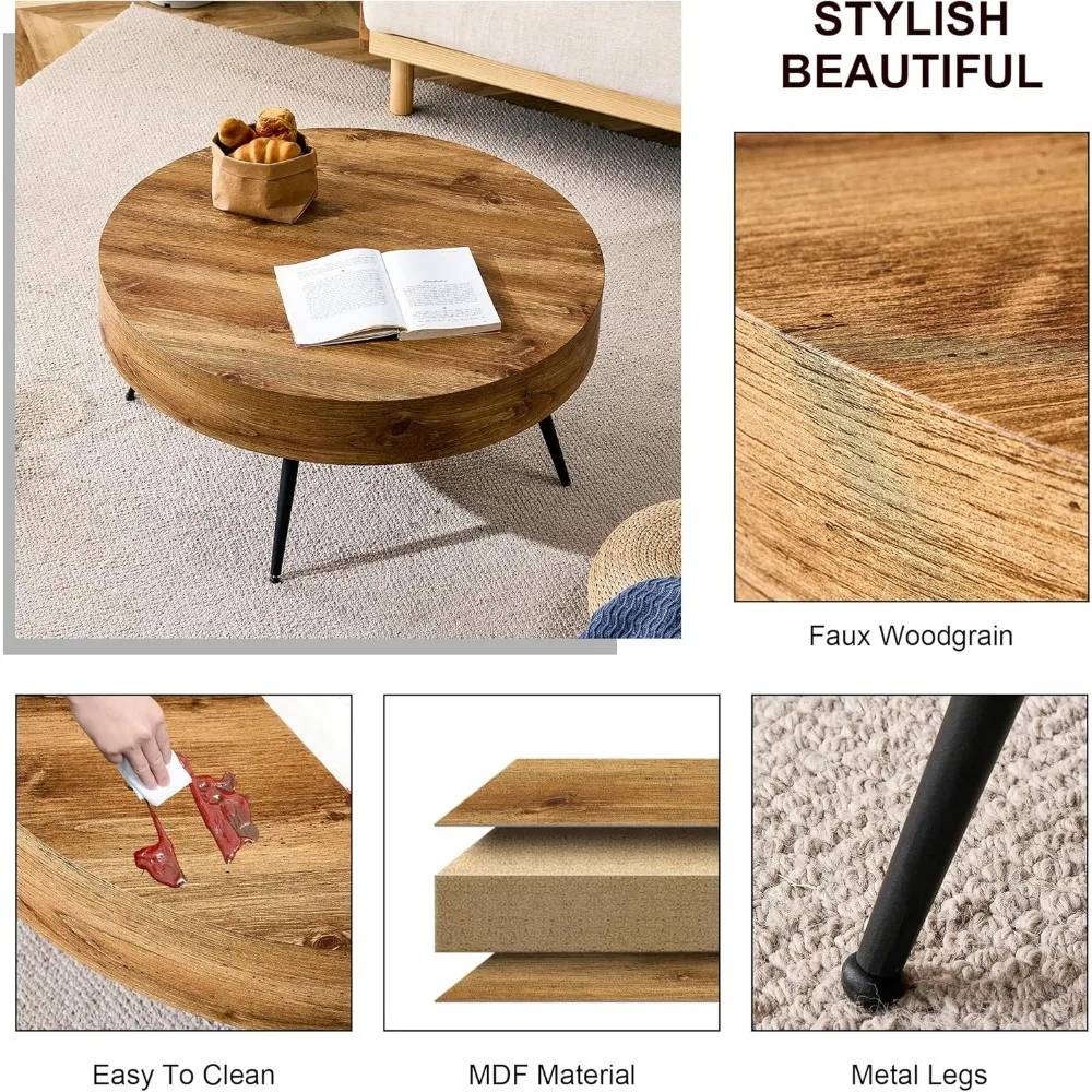 Wooden Coffee Table Modern Round Coffee Table Rustic Center Table with Metal Leg for Living Room Reception Room Office (Brown, R