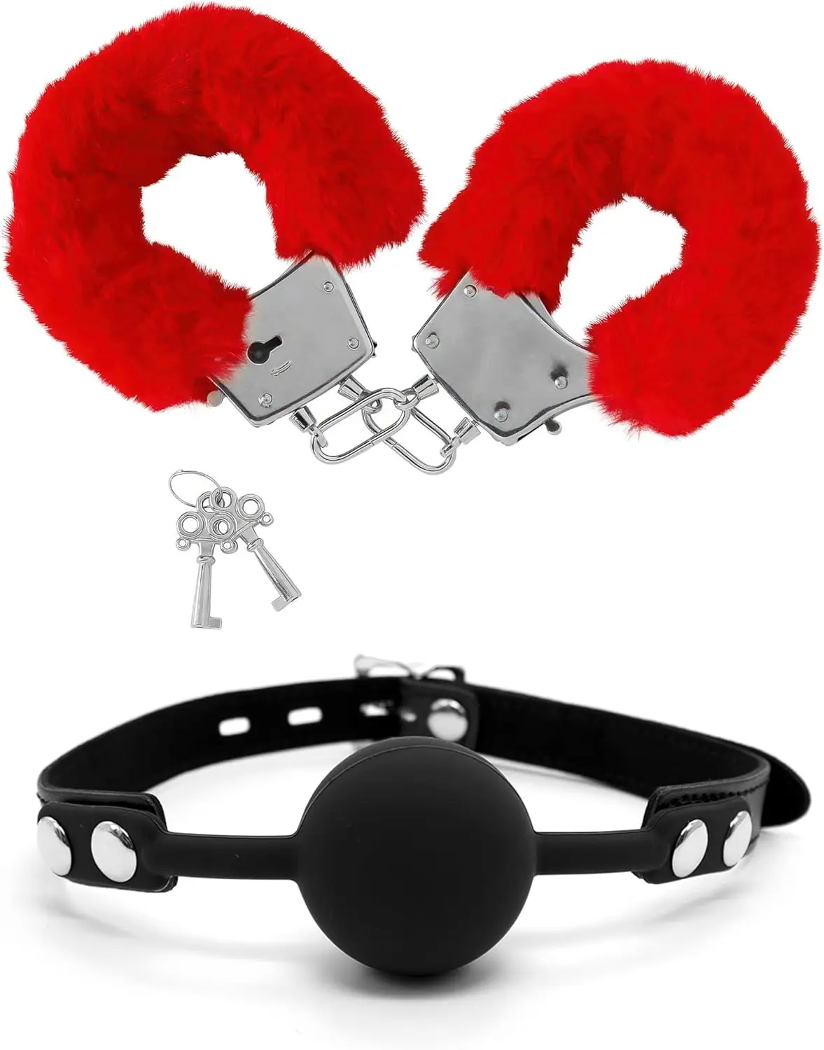 Sex Cuffs Red Fluffy Metal BDSM Handcuffs Bondage with Keys Silicone Mouth SM Ball Gag Reinstance Hand Cuffs Sex Set Bondage