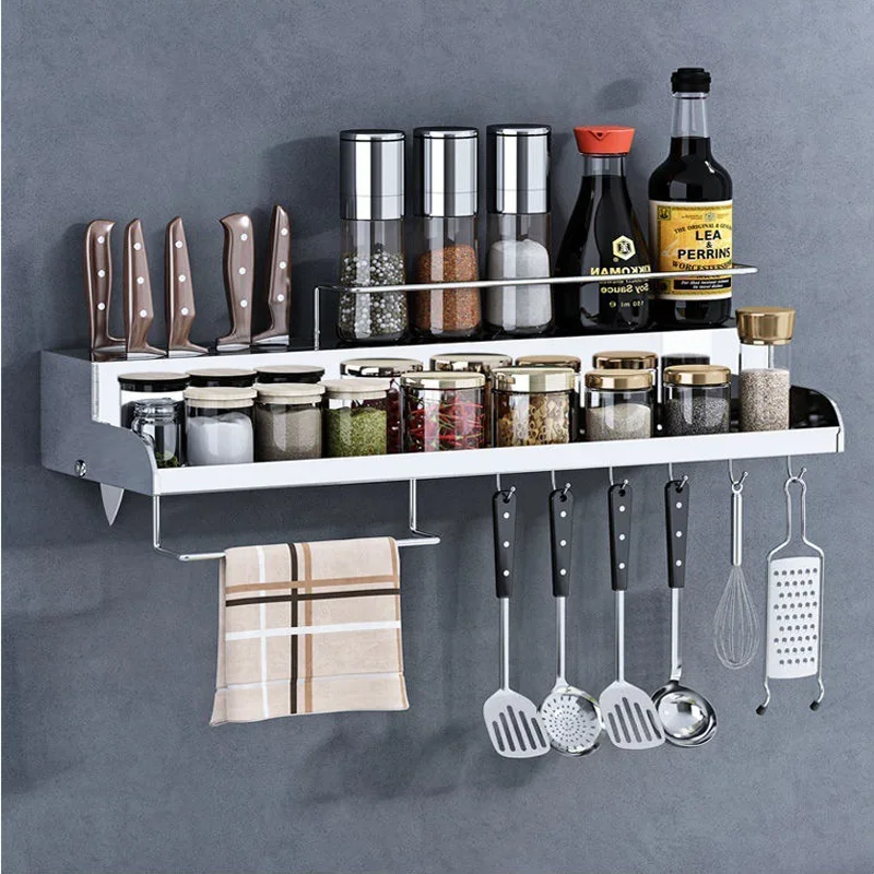 

2 Tier Hanging Metal Row Racks Wall Mounted Knife Holder Cookware Organizer Kitchen Spice Storage Rack