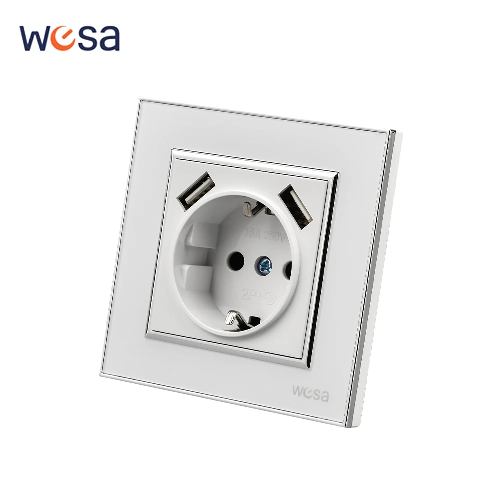 لوحة أكريليك بيضاء قياسية من الاتحاد الأوروبي مآخذ طاقة USB كلاسيكية مثبطات اللهب 250 فولت منافذ كهربائية مدمجة على الحائط مع أرضية 250 فولت #1