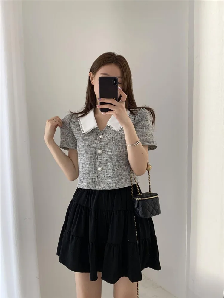 Korean Chic Summer Fashion 2pc Suits Color Contrast Short Shirt Top+Black Mini A Line Skirt Sets Elegant Women Two Piece Dress