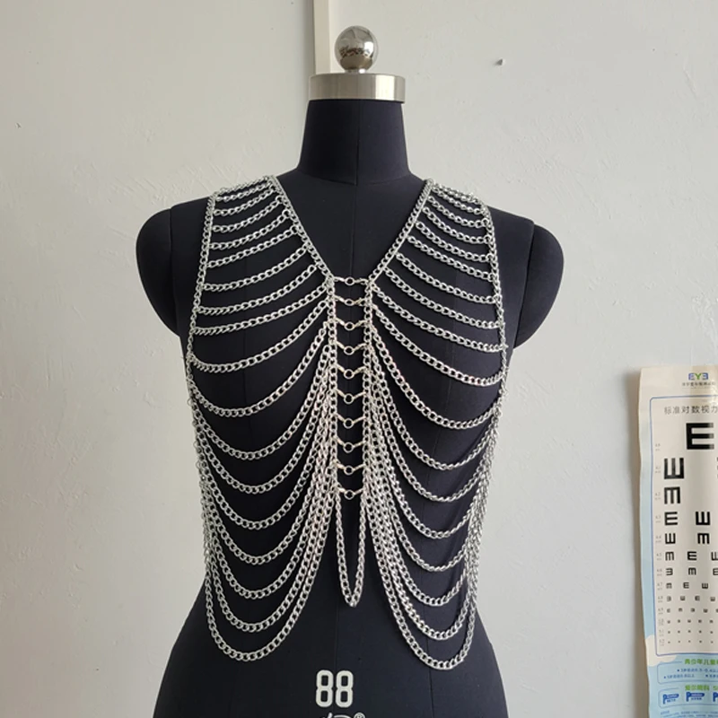 Punk Stil Tank Top Männer Kleidung Multi-Schicht Metall Quaste Körper Kette Ärmellose Gold Silber Weste Mann Crop Tops Großhandel preis C – Detail 5