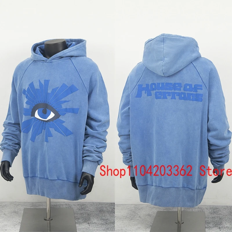 Retro Washed Blue HOUSE OF ERRORS Hoodies High Street Do Old Colored Eyelashes Big Eyes Print Sweatshirt Unisex Hip Hop Pullover