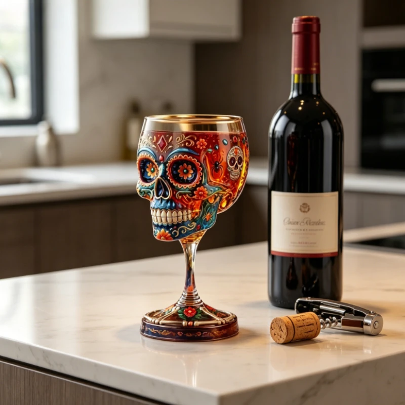 Dia De Los Muertos Sugar Skull Stemmed Wine Glass - Decorative Drinking Cup Goblet for Mexican Festival And Halloween Parties