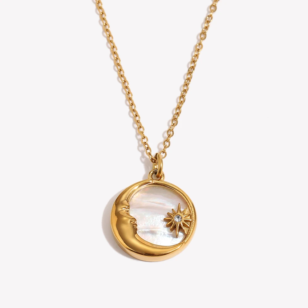 E.B.belle Natural Mother Of Pearl Casting Moon Star Circle Coin Necklace For Woman 18K Gold Plated  Stainless Steel Jewelry